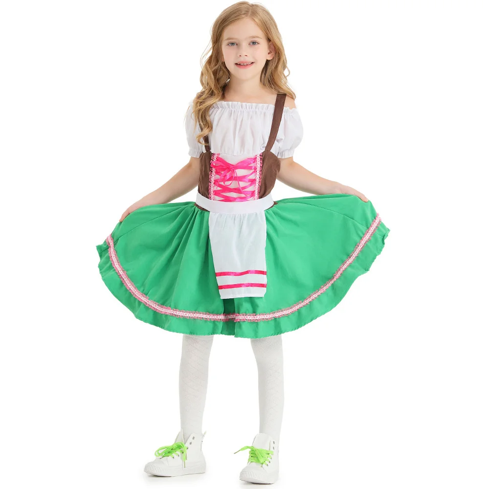 Hot Child German Traditional Oktoberfest Costume Beer Festival Dirndl Girl Cosplay Ethnic Performance Grass Green Dress