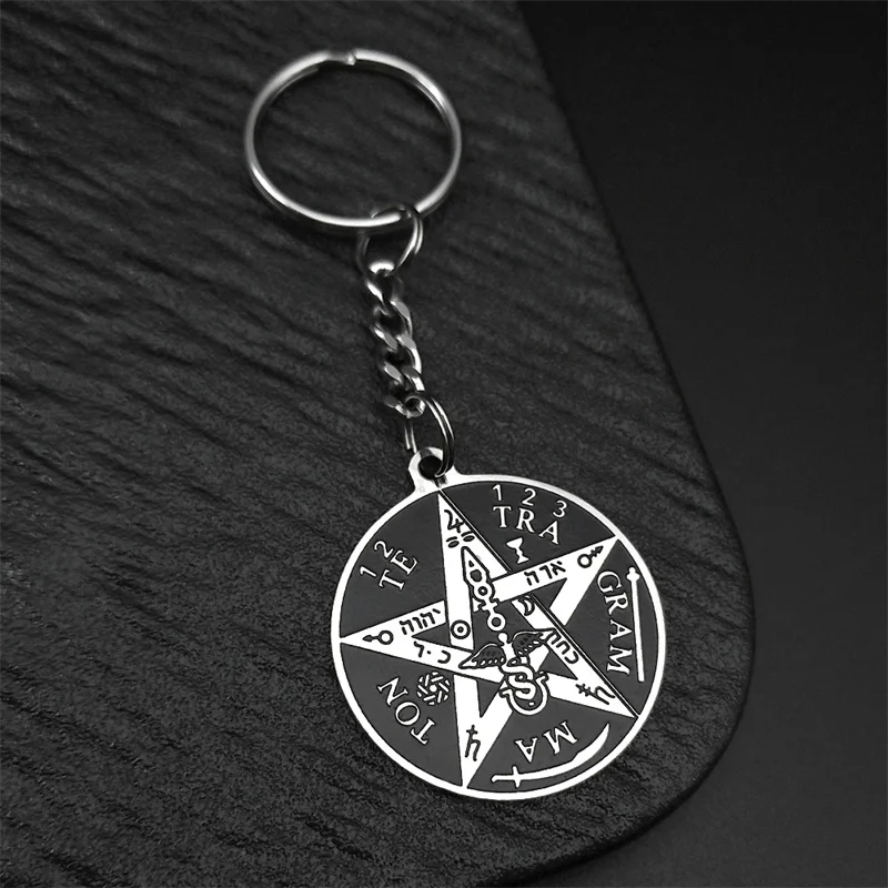 Hexerei Gothic Dark Pentagram Schlüsselanhänger Edelstahl Original Tetragrammaton Solomon Amulett Schlüsselanhänger Schmuck Geschenk – Detail 3