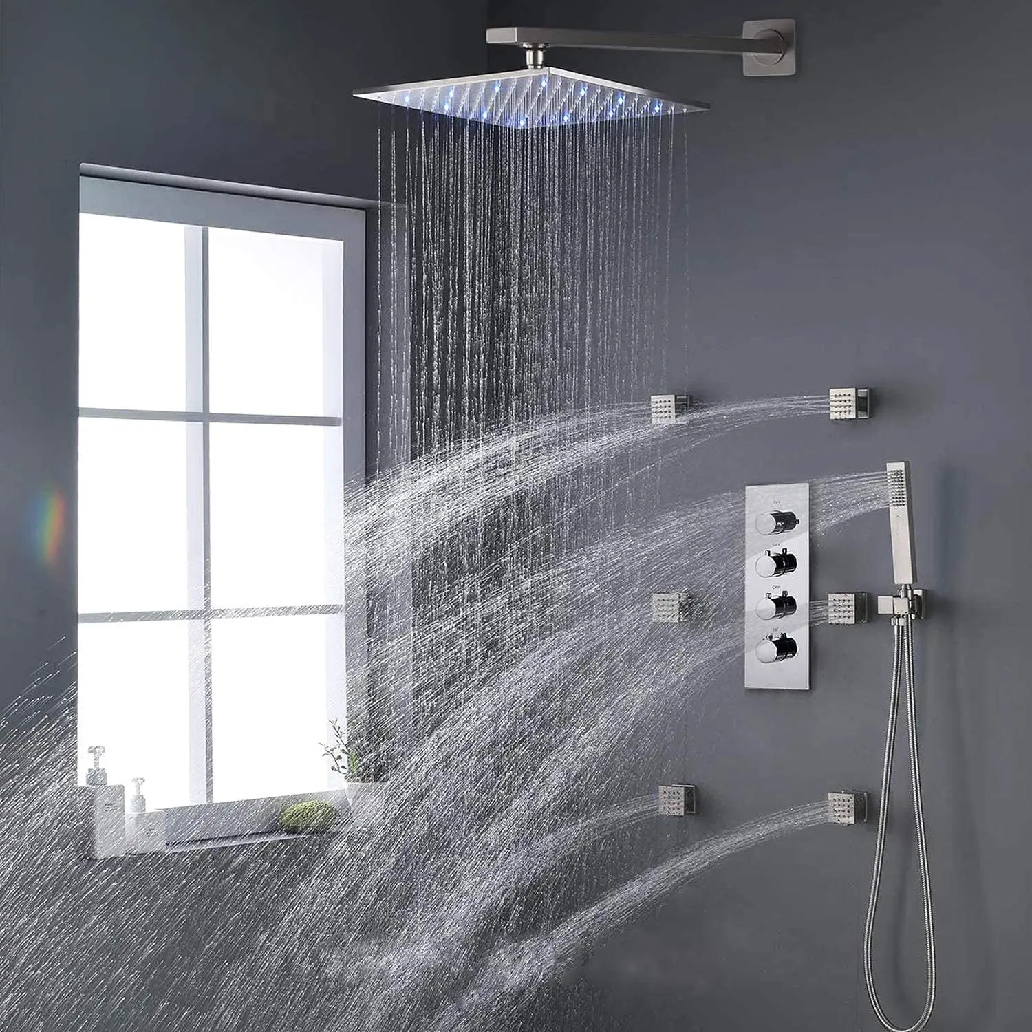 

Rain Shower Jet System Can Run Together | Flow Controlled Separately, Delnet Luxury Brass 12 Inch Wall Mounted Shower Faucet Set