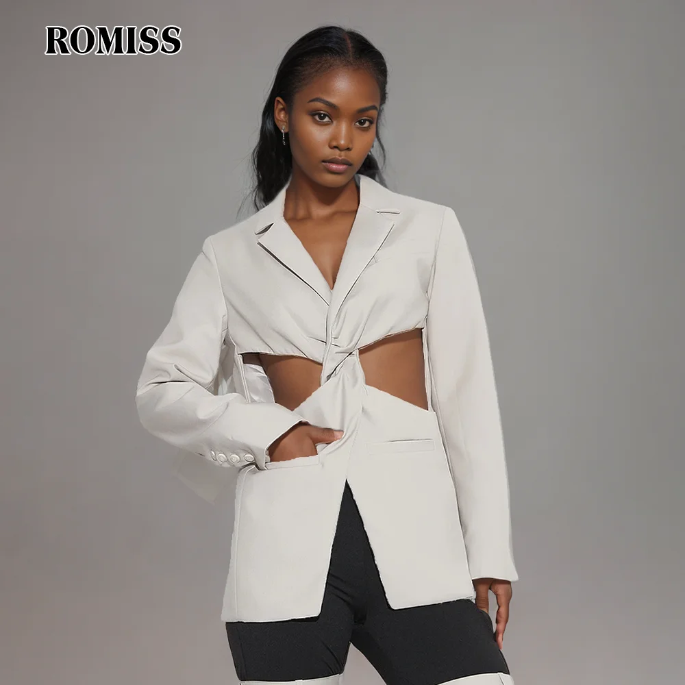 

ROMISS Solid Hollow Out Twist Front Blazers For Women Notched Colar Long Sleeve Spliced Pockets Chic Blazer Female Fashion