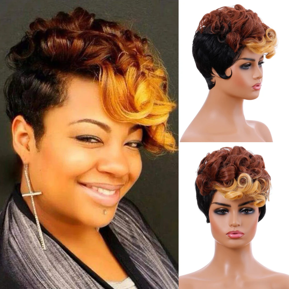 

Омбре коричневый черный парик Короткие вьющиеся синтетические парики для черных женщин искусственные волосы естественный вид Термостойкое волокно