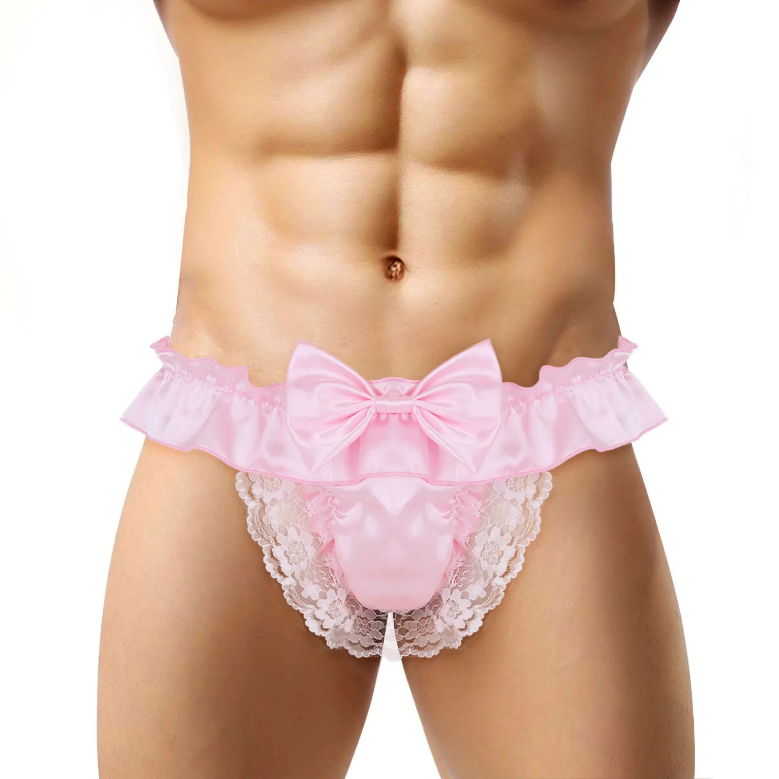 Mens Lingerie Night Gay Male Panties Open Butt Wetlook Jockstraps Sexy Bowknot Sissy Satin Open Crotch Briefs Underwear for Man