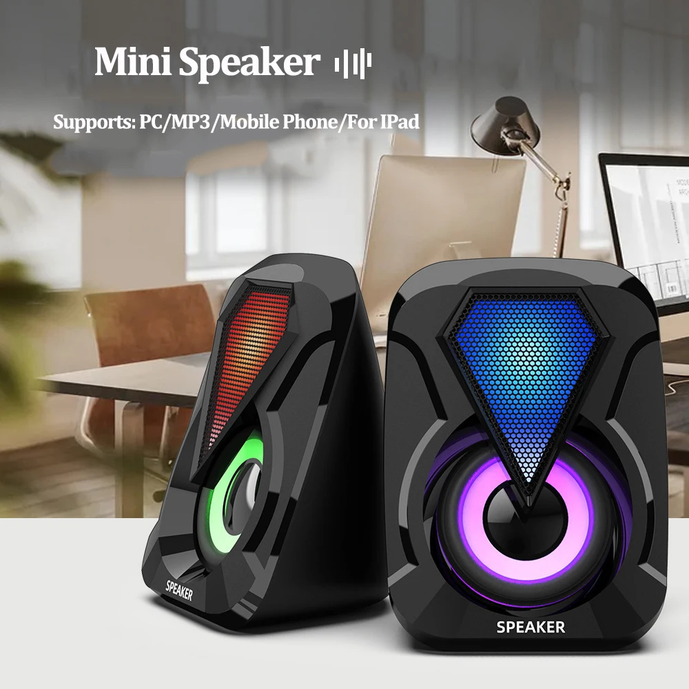 컴퓨터 USB 미니 유선 스피커, 서브우퍼 LED 다채로운 조명, 홈 시어터 시스템, USB 유선 사운드박스, 지지대 PC MP3