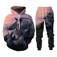 Automne Vintage Animal cheval 3D sweat à capuche imprimé costume hommes sweats pantalons de survêtement mode deux pièces survêtement ensemble homme vêtements 5