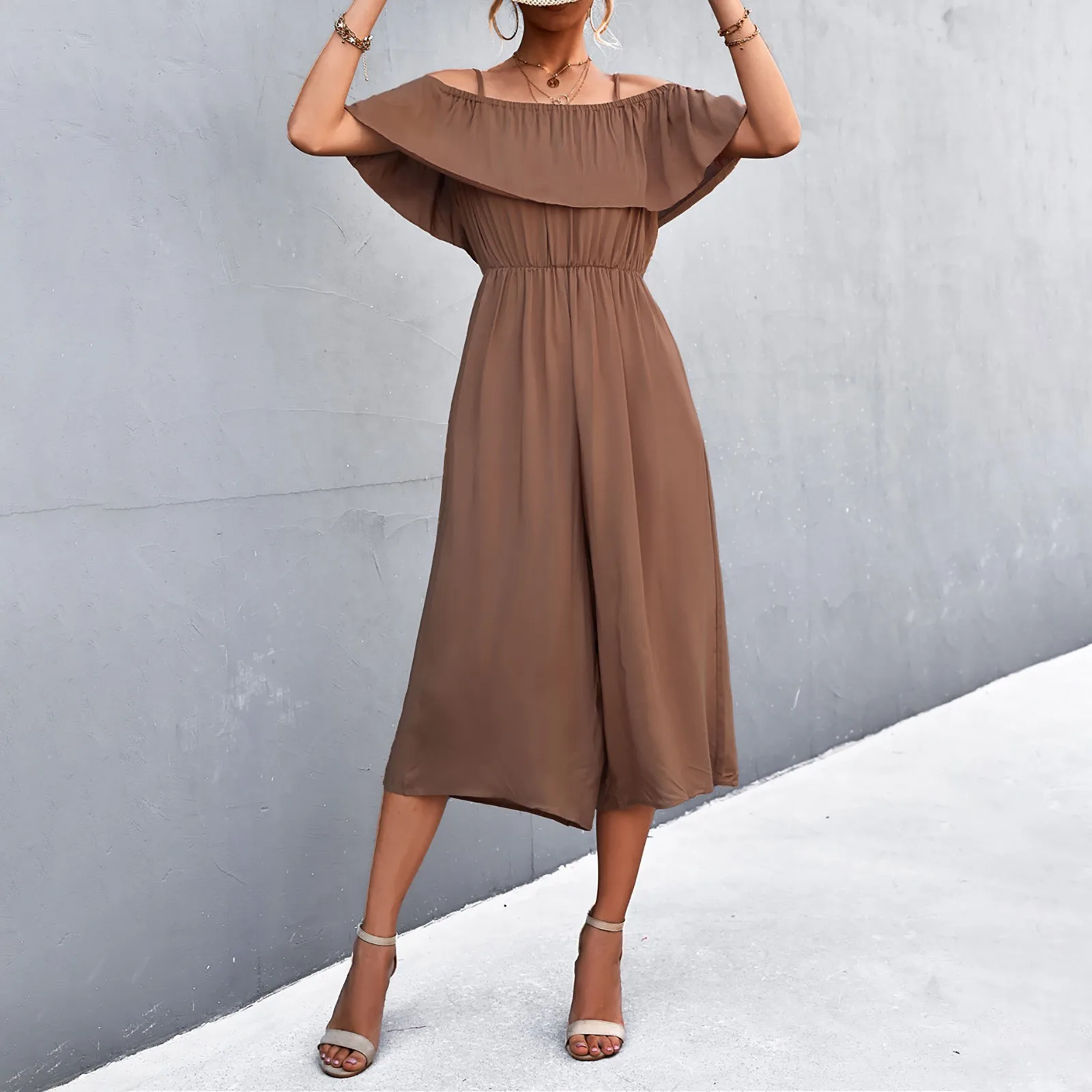 

Women's Large Size Casual Sleeveless Overlap Front Frill Detail Jumpsuit Women's Summer Brief Overalls Elegant Boho Vintage