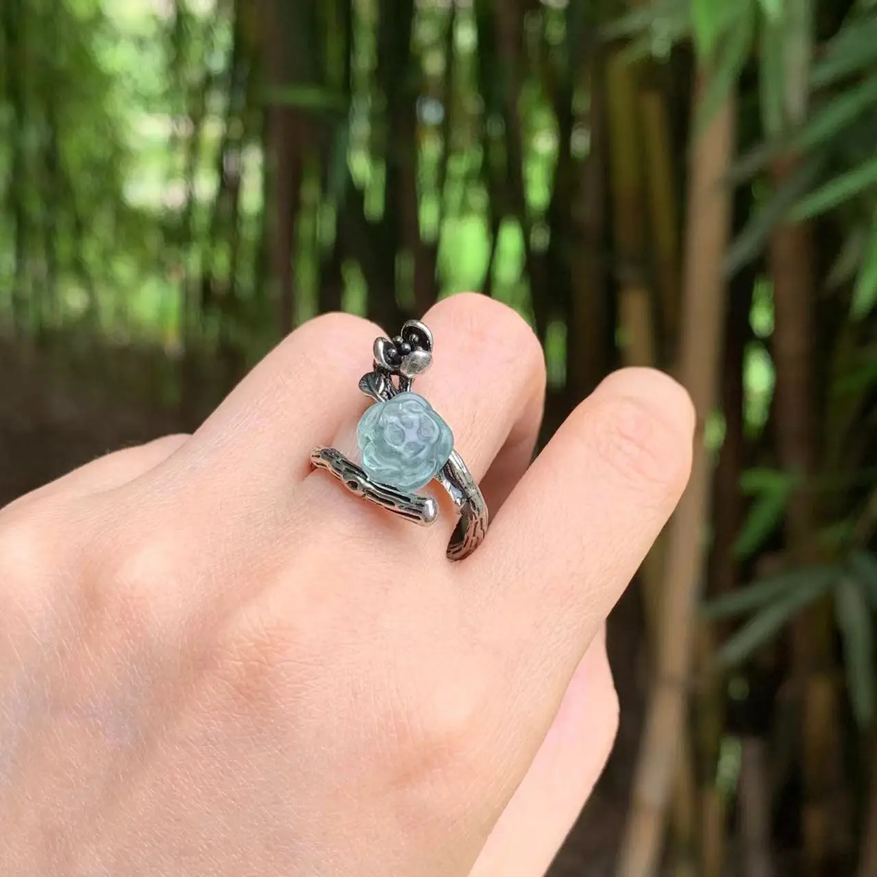 Natural Fluorite Flower Ring Female Jewelry for Women Gift Colorful Stone Crystal Cute Unique