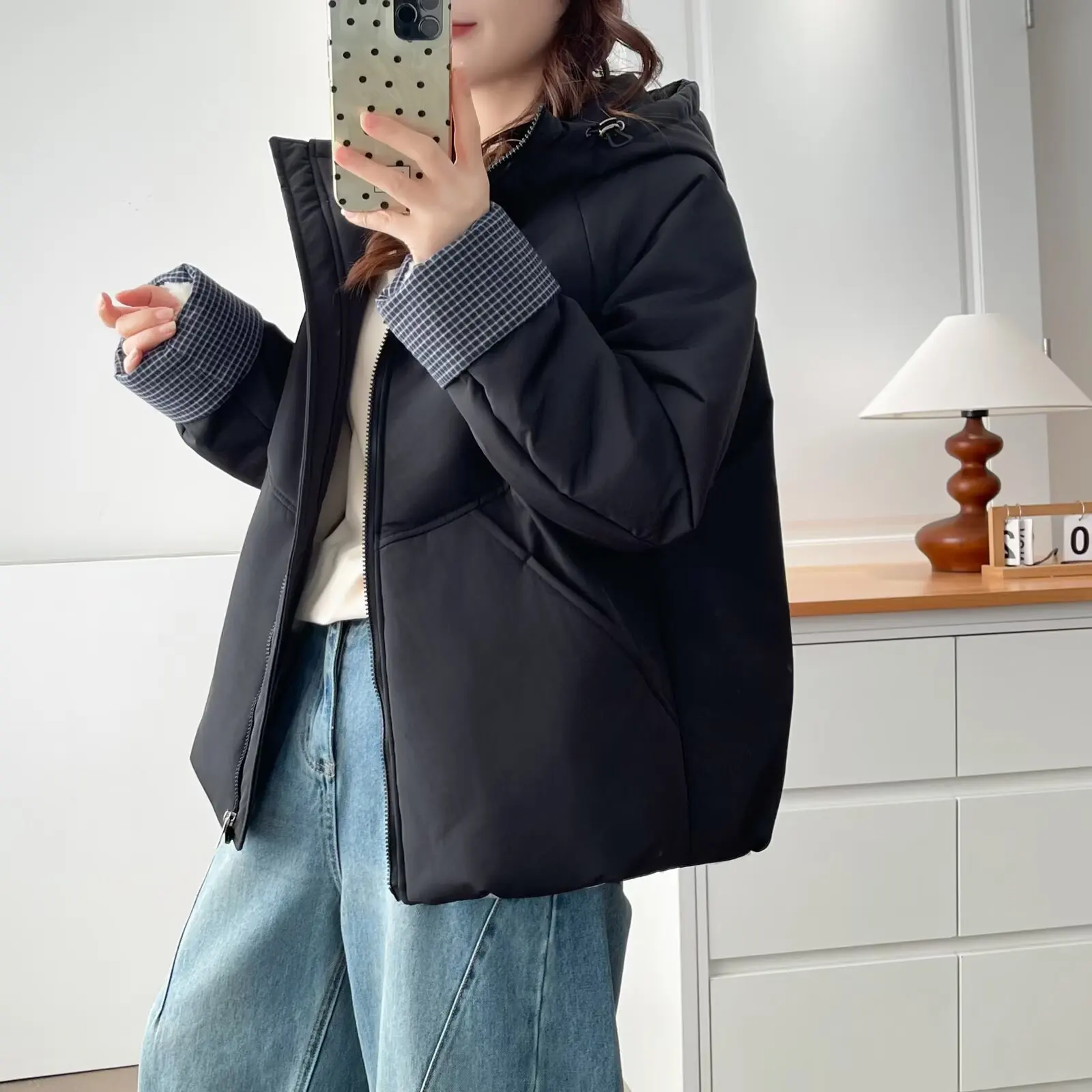 XXXXL Fashion Plus Size Women's Parkas Simple Cuffs Block Color Fleece And Thickened Hooded Jacket For Winter Padded Coat 8647