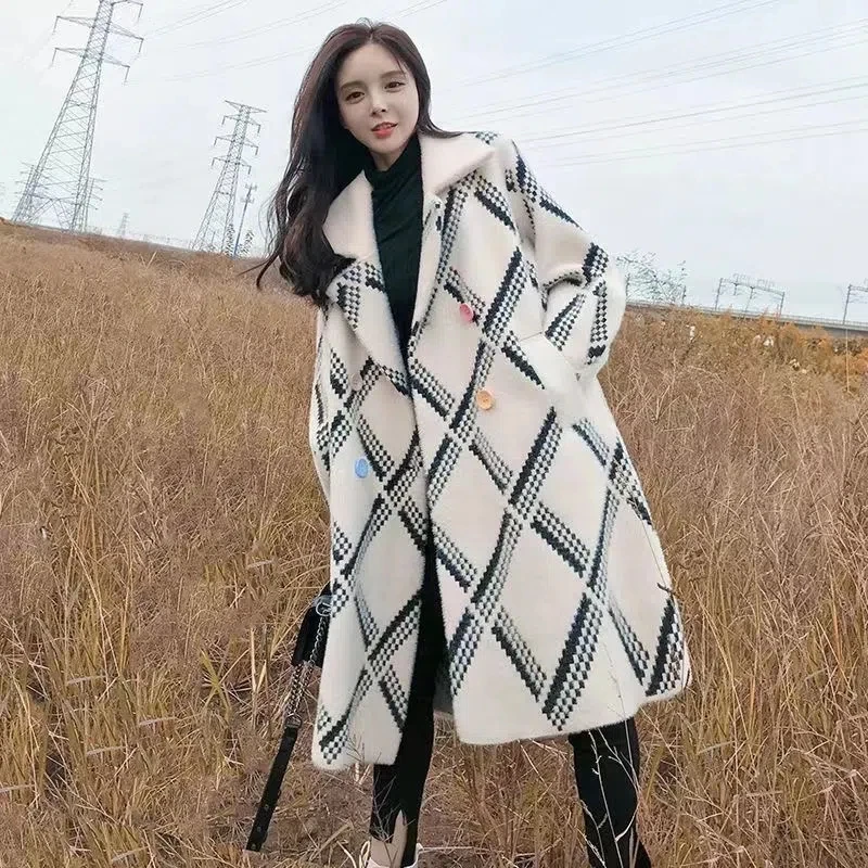 

Women Long Mink Velvet Jacket, Loose Overcoat, Thick Plaid Coats, Korean Double-Breasted Cardigan, Coat Outwear, Autumn, Winter