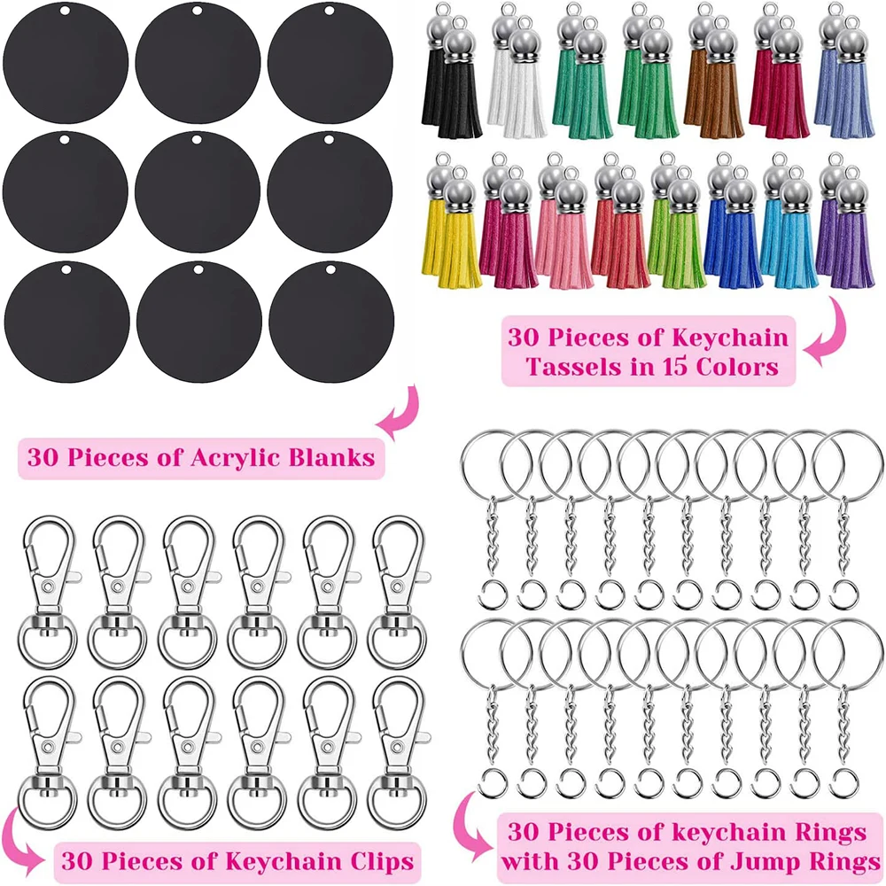 150PCS Black Acrylic Keychain Blanks with Key Chain Clips Clear Blank Keychains Kit for Vinyl Painting Engraving Wedding