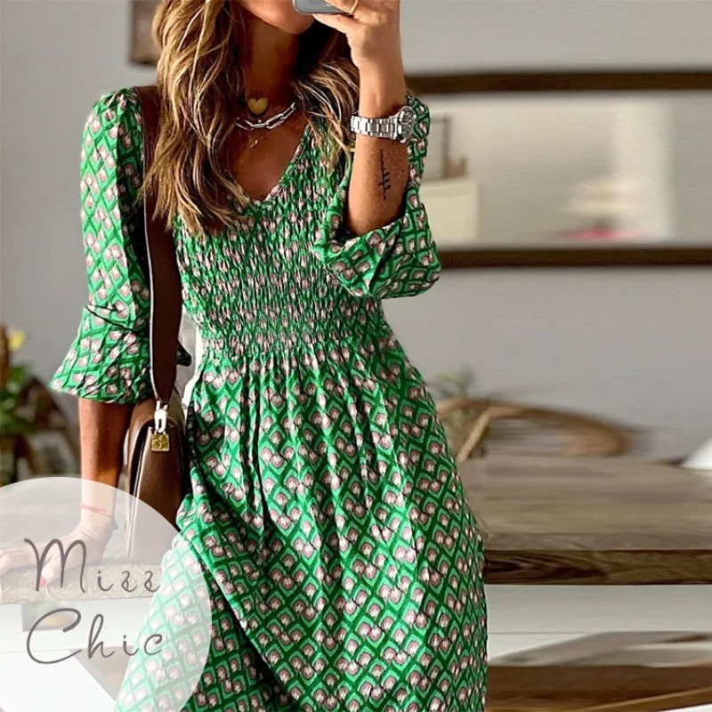 

Autumn Floral Print A-line Midi Dress Chic V-neck Ruffle High Waist Casual Dress Female Streetwear Elegant Outwear Women Clothes