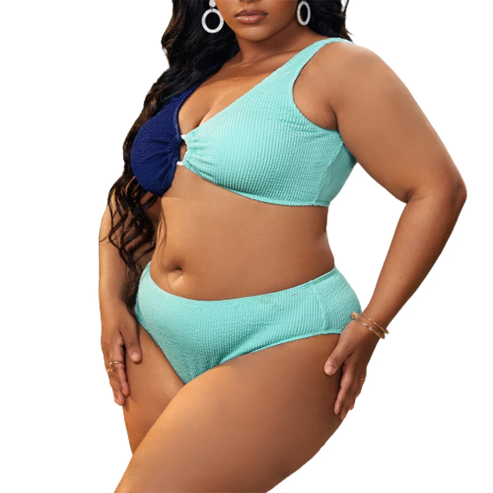 

FS Sexy Women Blue Plus Size Stitching Pleated Split Bikini Set Condole Belt Bathing Suit Lady Swimsuit Swimwear Two Pieces 2022