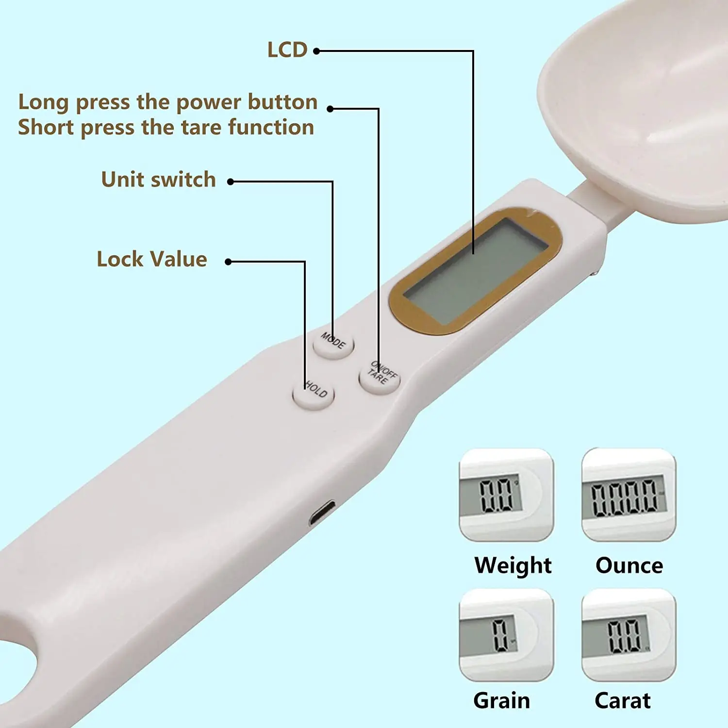 

USB Charging Measuring Spoon Gram Scales Electronic Digital Gramera Dimensional Weighing for Powder Flour Kitchen Tool