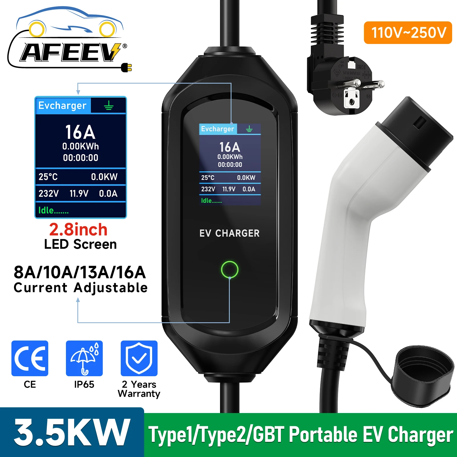 BOROCO Adaptateur Type 2 Vers Schuko 3.5kW 16A - Chargeur Voiture Électrique Station Type 2