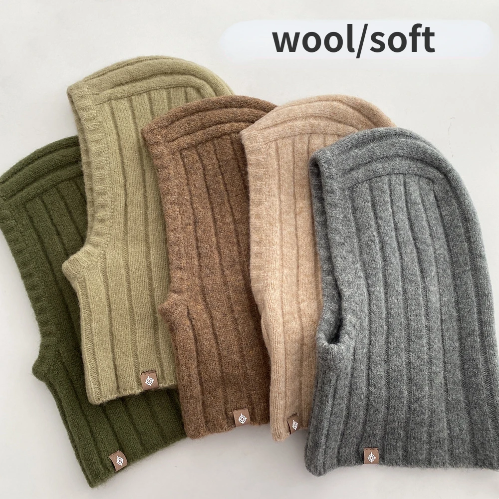 2023 Korea Wool Balaclava Winter Hat for Women Men Unisex Knitted Hooded Caps Outdoor Warmer One-Piece Neck Collar Beanies Cap 4