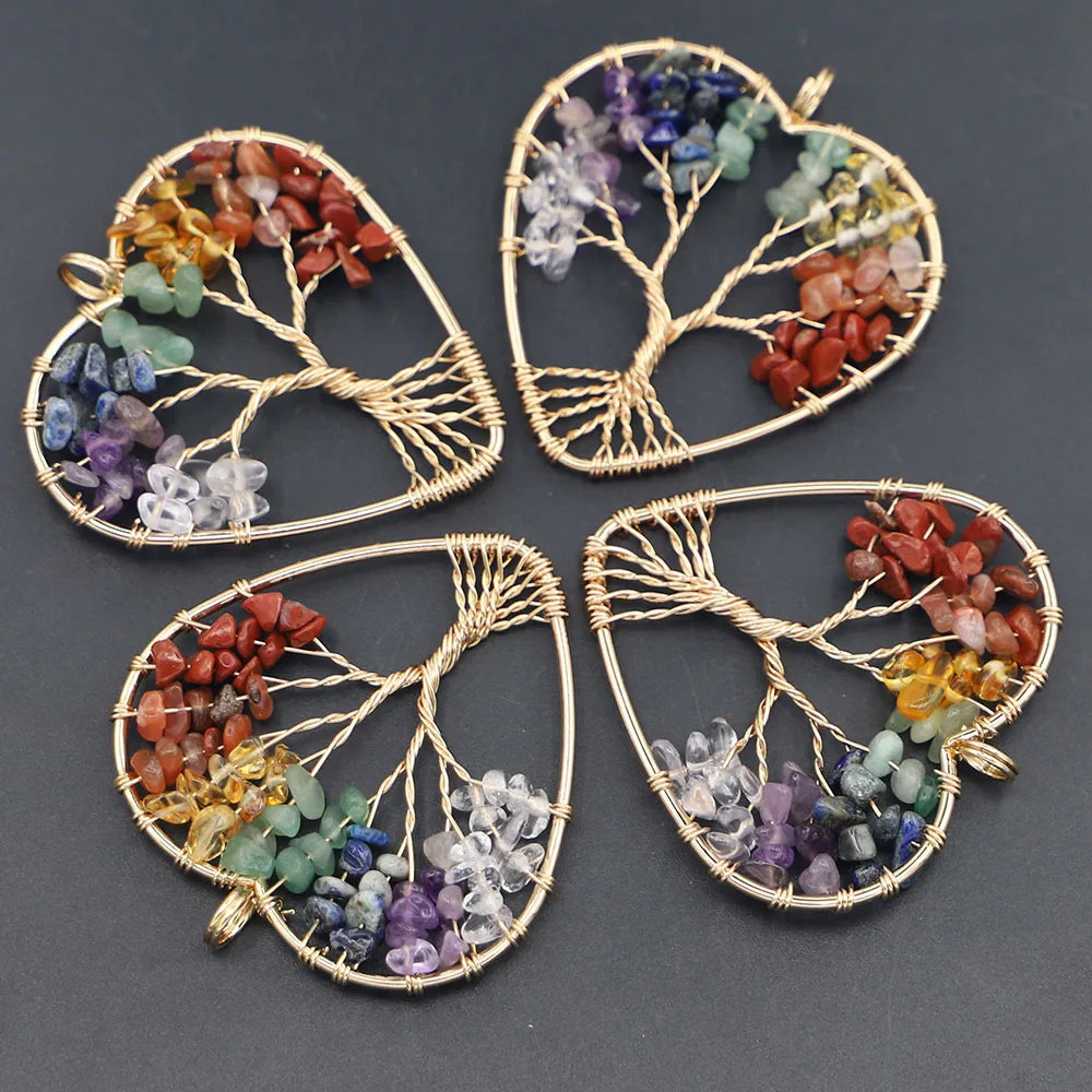 

New 50mm Natural Stone Heart Tree of Life Pendants Gold 7 Chakras Wire Wrapped Handmade Citrine Necklace Jewelry Spiritual 10PCS