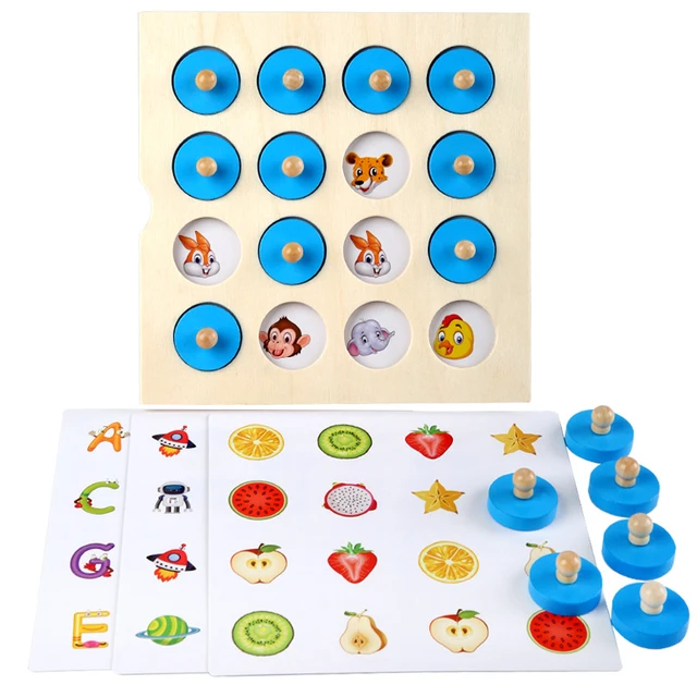 3D Wooden Puzzle Board with 4 Pcs Cards Preschool Kids Cognition Fruit  Animals Matching Memory Game