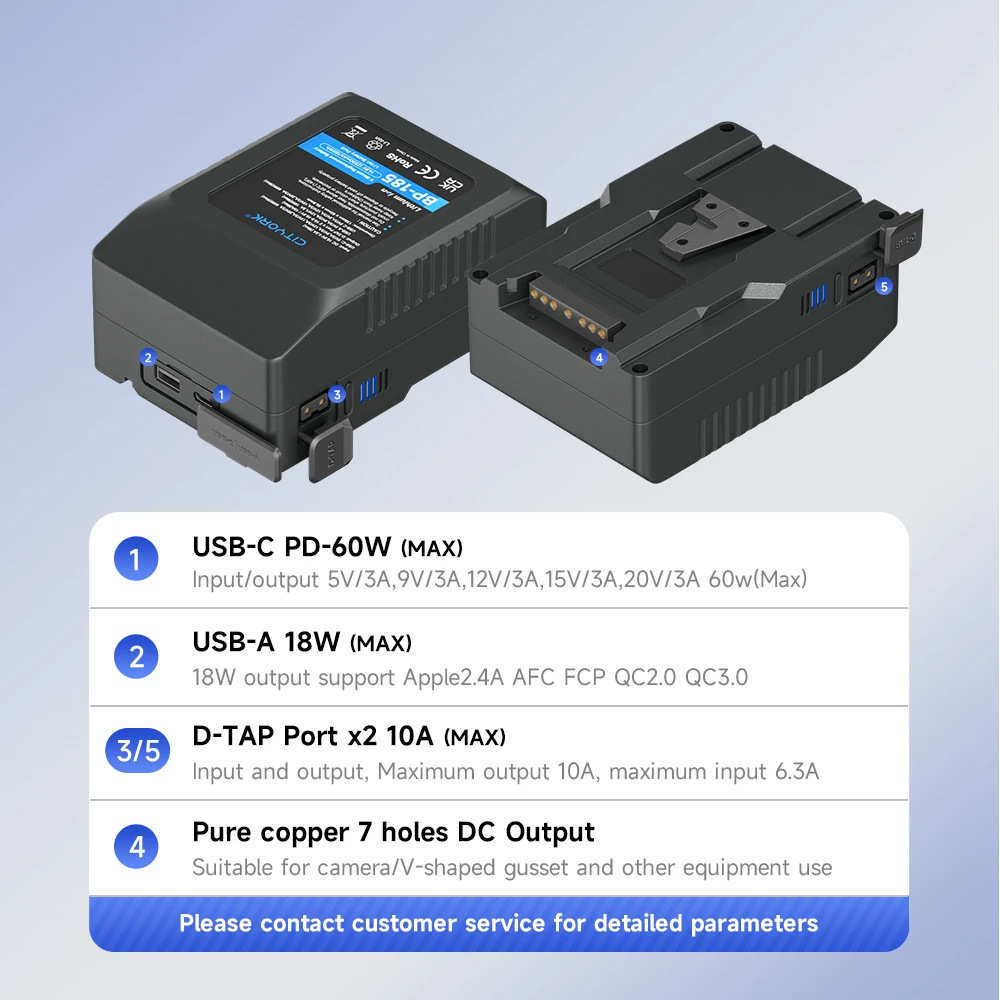 CITYORK V Mount Battery 185W BP-185 Lock Battery With Dual D
