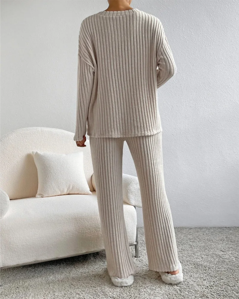 Autumn Winter Ribbed Knit Two Piece Set Womens V Neck Long Sleeve Top Wide Leg Pants Loungewear Casual Solid Color Outfit