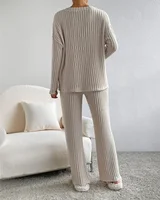 Autumn Winter Ribbed Knit Two Piece Set Womens V Neck Long Sleeve Top Wide Leg Pants Loungewear Casual Solid Color Outfit - Image 2