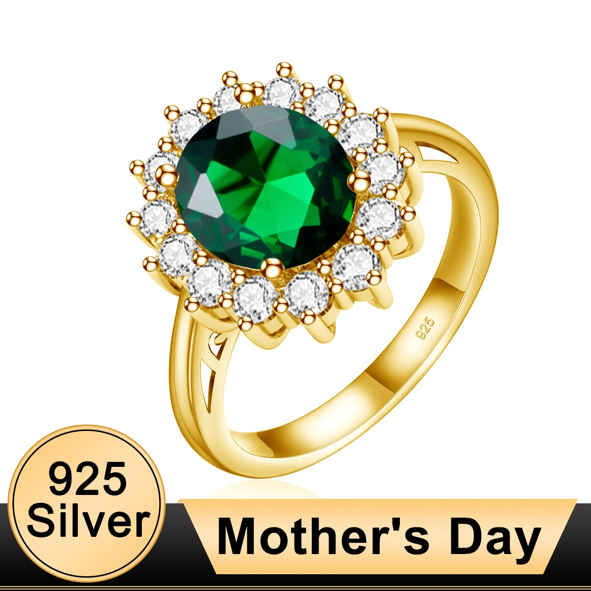 

Mother's Day Fine Jewelry Gift 925 Sterling Silver Emerald Rings Woman Princess Diana Same Style Classic Ring