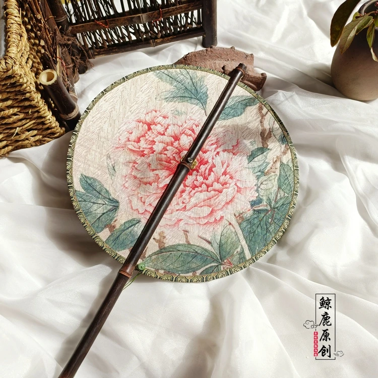 Printed Black Bamboo Long Handle Waist Fan Foldable Rotating Circular Fan Photo Props