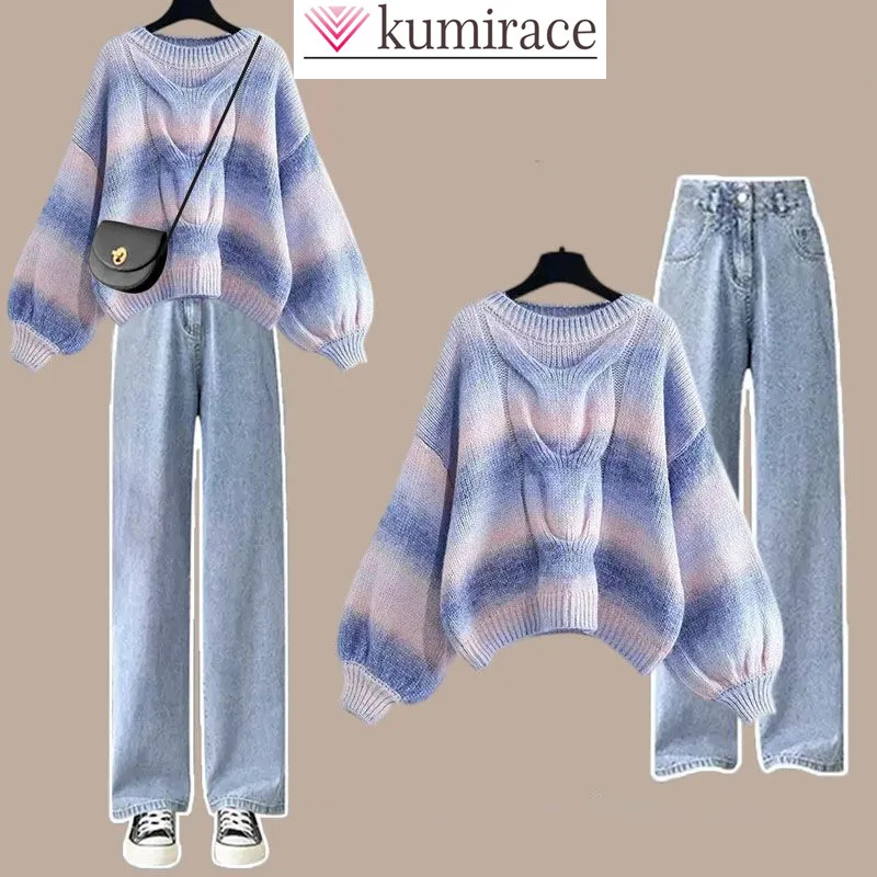 Korean Feng Shui Ripple Knitted Sweater Pullover Loose Jeans Two Piece Fashion Girl Student Sports Set Tracksuit Pants Set