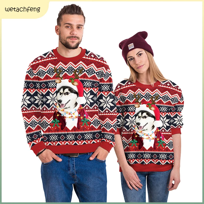 

Men Women Ugly Christmas Sweaters Funny Puppy Wears Santa Hat Cute Cartoon Unisex Couples Xmas Sweatshirts 3D Printed Party Tops