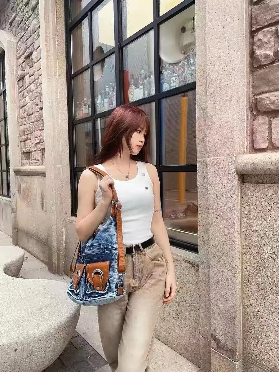 Denim Hobo Bag Women's Retro Shoulder Bag Student Leisure Style_voghion.com