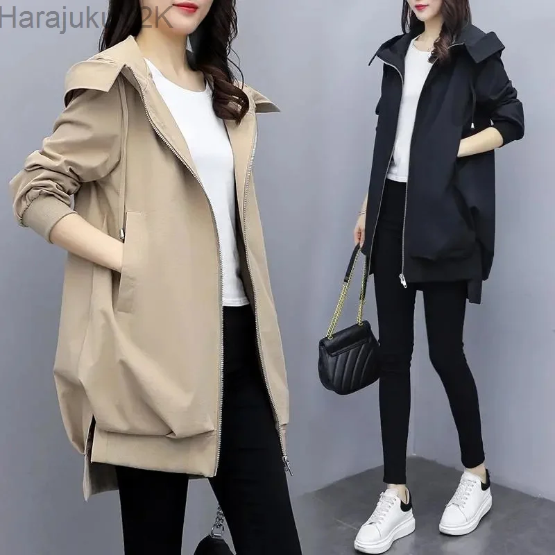 

2023 New Autumn Women's Jacket Long Sleeve Casual Windbreaker Female Hooded Overcoat Loose Basic Coats Lady Outwear