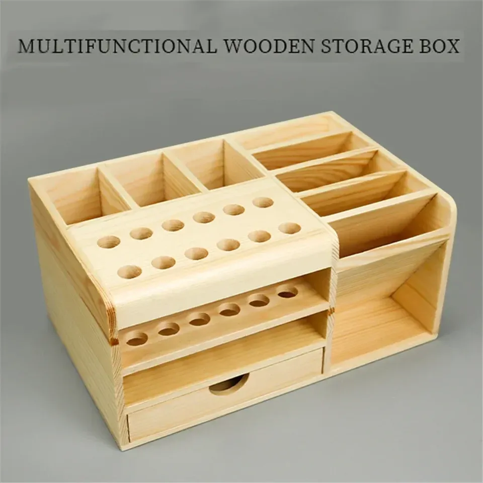 Wooden Multifunctional Storage Box Screwdriver Tweezers Multi Compartments Desktop Stationary Small Pens Markers Brushes Tools