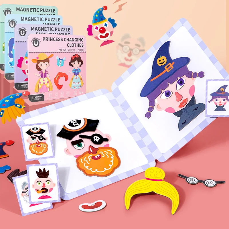 Montessori Magnetic Dress-Up Jigsaw Puzzle Wooden Toy for Children Educational Cognition Game Parent-Child Interactive Learning