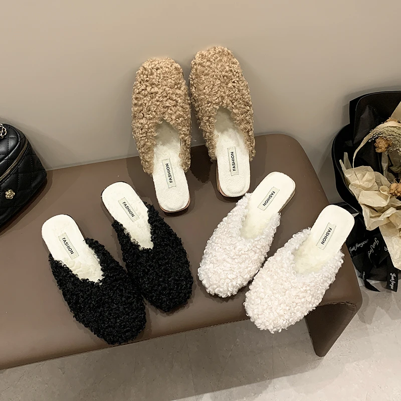Women 2.5cm Square Heel Warm Winter Furry Slide Suede Slippers Round Toe Low Heel Slip On Hair