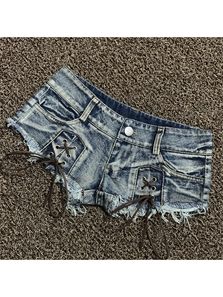 Women's Light Blue Denim Shorts Y2k Lace-up Mini Short Pants