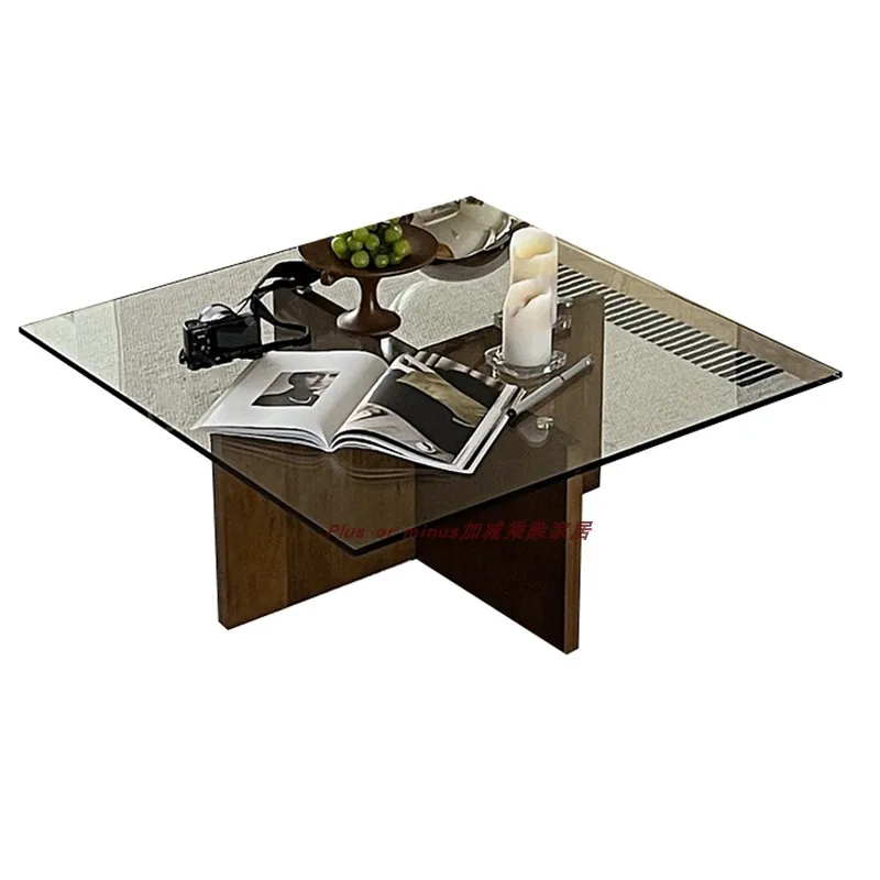 

Light luxury square glass coffee table, living room, solid wood, antique style tea table, and quiet style retro table