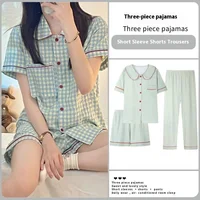 Three-Piece Set Ladies Pajamas Set Short-Sleeved Plaid Senior Sense Cardigan Home Wear Simple Christmas Girl Sleepwear Winter - Image 5