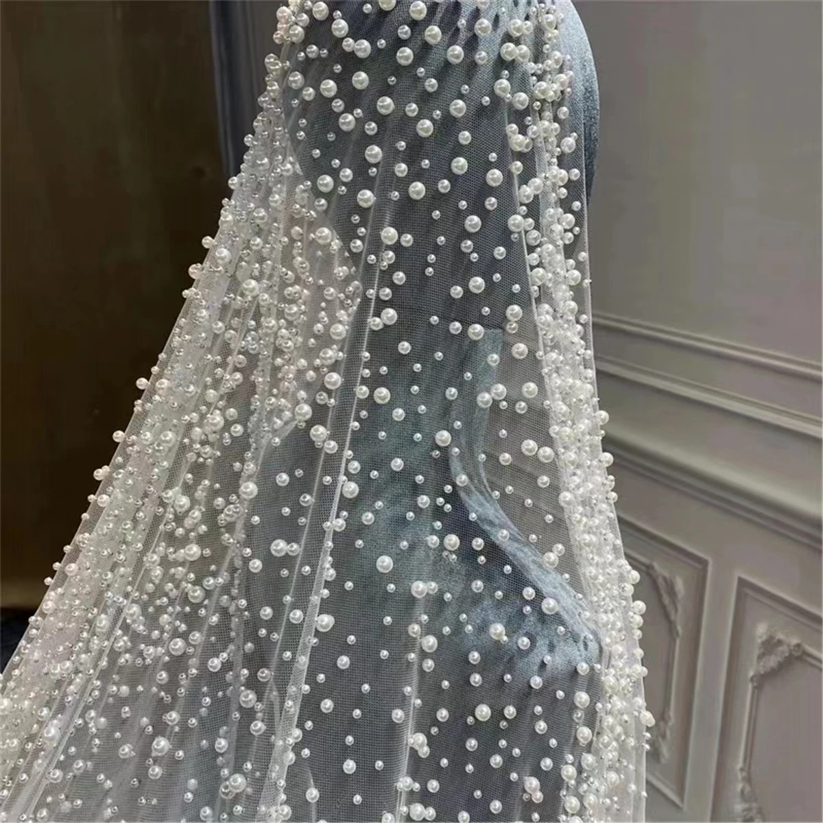 

Luxury 1Tier Wedding Veil With Pearls Long Bridal Veil with Comb Scattered Dense Pearls Gorgeous Mantilla Cathedral Custom Veil