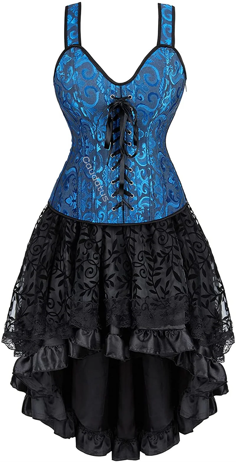 Black Corset Dress Top Skirt Set Plus Size Bustier Victorian Lace up Lingerie for Women Burlesque Gothic Style Korsett Mujer