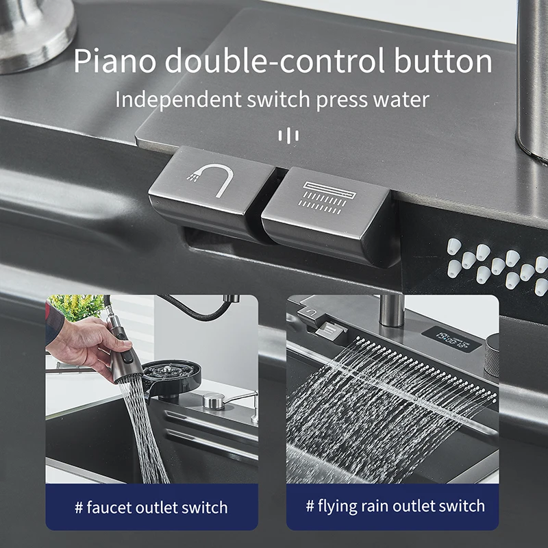 Hownifety Waterfall Sink Kitchen Stainless Steel Topmount Sink Large Single Slot Wash Basin With Multifunction Waterfall Faucet 3
