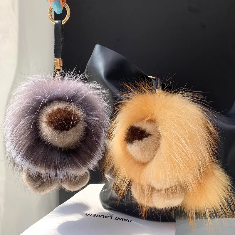 

New Real Mink Fur Handmade Cute Lion Key Chains Bag Accessory Car Handbag Keychain for Women Girls Keyrings Gifts Keychains