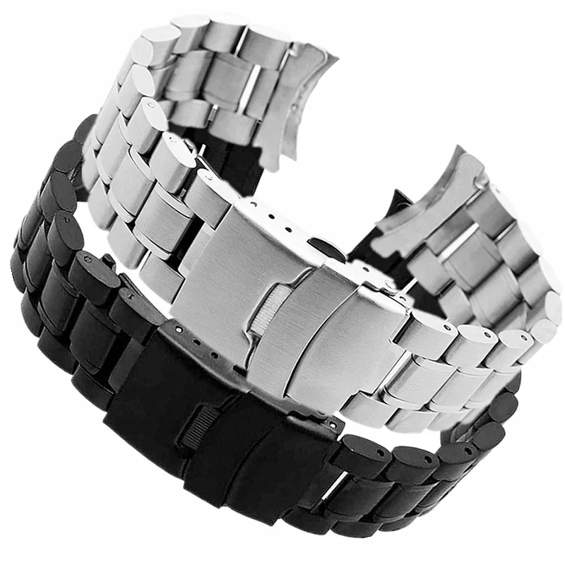 Stainless Steel Solid Strap with Curved End and Double Safety Folding Buckle - Universal Watch Band Bracelet