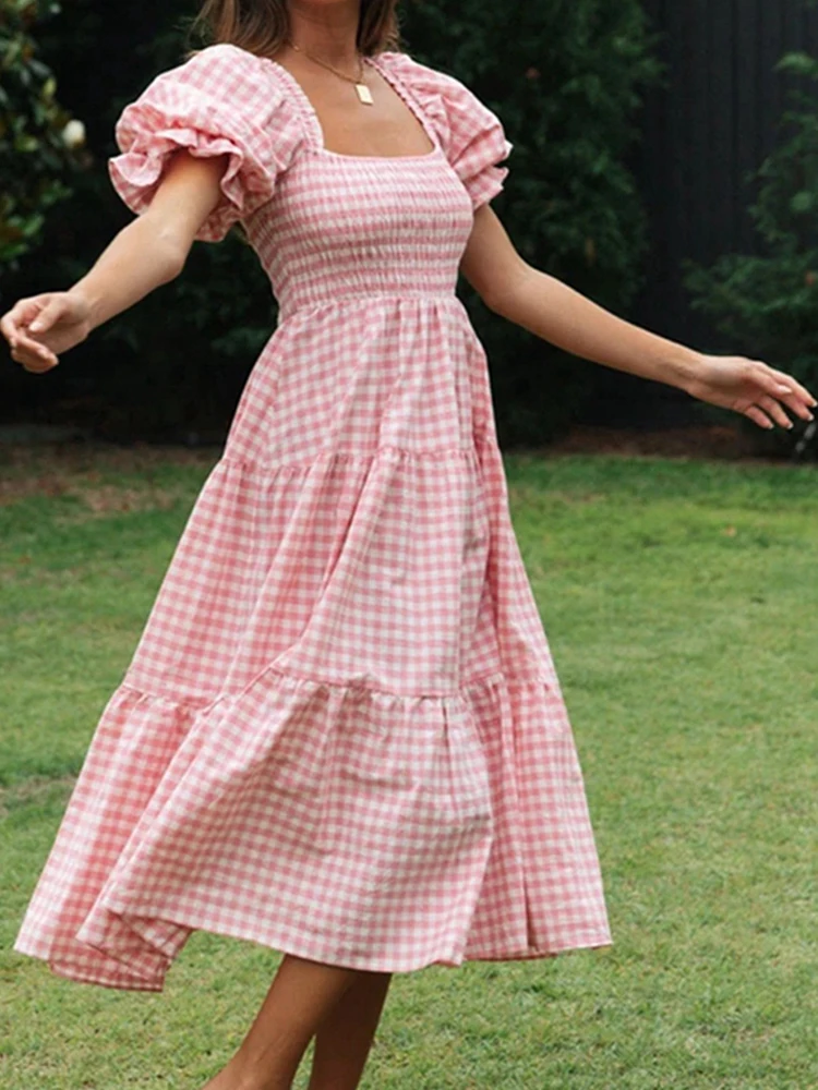 

Plaid Long Dress Women Summer Square Collar Puffy Sleeve Lace-up Midi Dress Female Vintage Fashion Casual Party Dress 2023