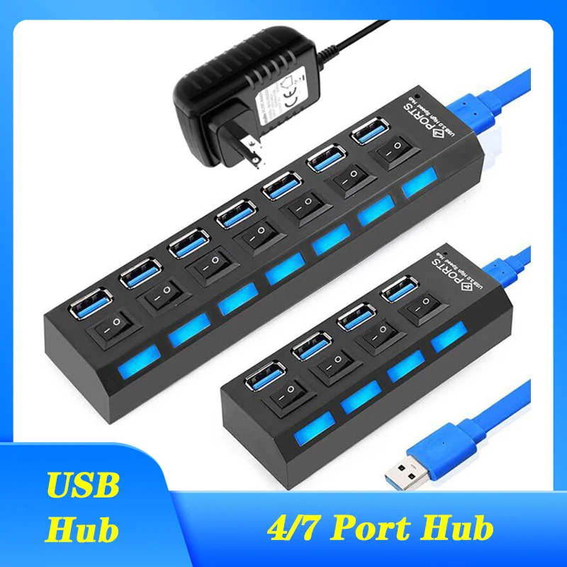 PC 컴퓨터 노트북 허브용 USB 허브, 3.0 4 포트 7 포트 허브, 5Gbps 고속 스플리터, 멀티 EU 미국 플러그, ON/OFF 스위치 포함