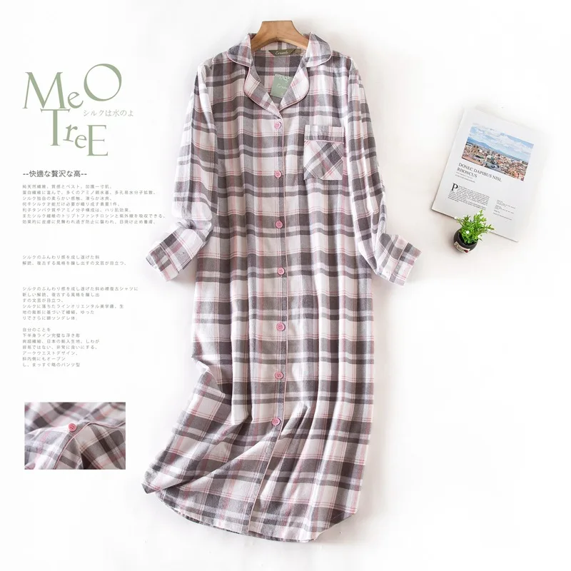Cotton Sleepwear Nightdress Loungewear Oversized Homewear Checkered Stripe Long Sleeve Pajamas Casual Underwear Lingerie Women