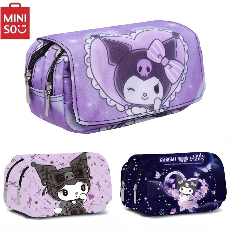Pencil bag MINISO Kuromi Schoolbag Students Kawaii Double-layer Pencil Bag Large-capacity Casual Backpack Cartoon Printing Pen Bag