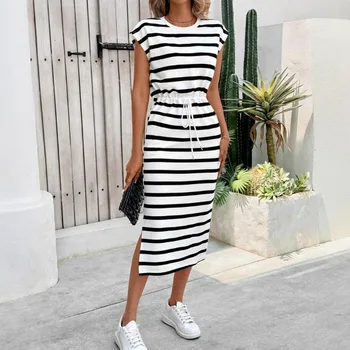 Fashion Ladies Black and White Striped Split Crew Neck Casual Dress White Dress Women Dress Summer Dress 1