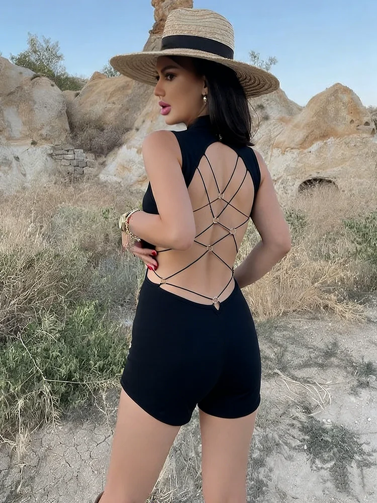 nibber Backless Cross Bandage Romper Women Sexy Summer Hipster Sleeveless Simple Solid Playsuit Activity Stretch Street Overalls