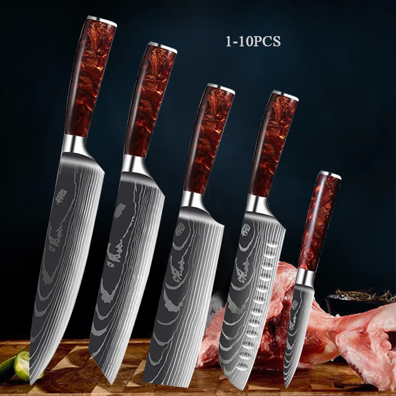 Kitchen Knife Meat Cleaver Carbon Steel Blades 1-8pcs Ultra Sharp Knives Set