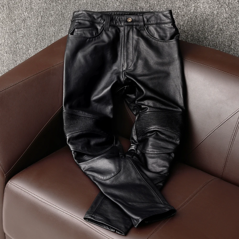 

Quality Winter New Men Nature Leather Pants Hip Hop Retro Cowhide Slim Joggers Pencil Pants Male Motorcycle Biker Trousers