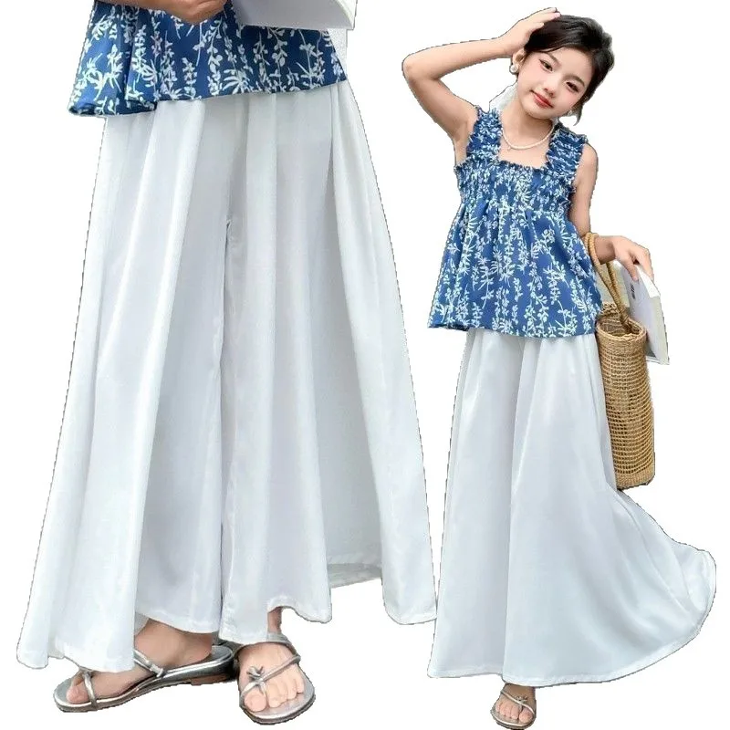2025 GREEN summer Teenager Girls Children ice silk wide leg loose dance retro Pants 5 8 10 12 14 Years Baby Trousers Kids 4