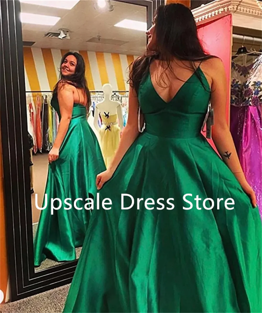 

Spaghetti Straps A-Line V-neck Floor-Length Satin Evening Dress Sleeveless With Ruffles Prom Dresses Simple Long Party Dresses